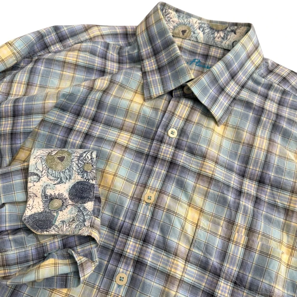 Alan Flusser Mens Blue Yellow Plaid Cotton Button Down‎ Shirt Floral Cuff Large